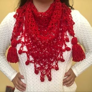Red Hand-knitted Crochet Shawl